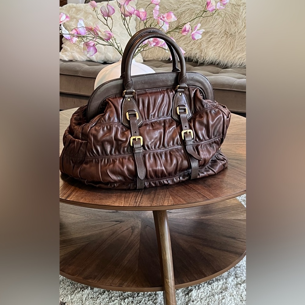 PRADA Nappa Gaufre Ruched Frame Large Bag Brown Soft Leather Tote Purse - Picture 7 of 16
